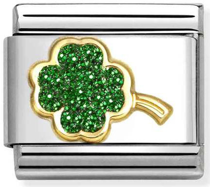 Nomination, Composable Classic GLITTER SYMBOLS in steel, enamel and 18k gold (18_GREEN four-leaf clover)