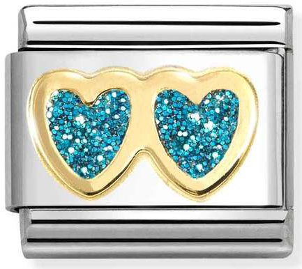 Nomination, Composable Classic GLITTER SYMBOLS in steel, enamel and 18k gold (12_Double Heart LIGHT BLUE)