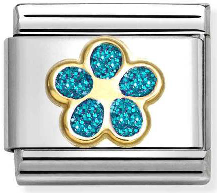 Nomination, Composable Classic GLITTER SYMBOLS in steel, enamel and 18k gold (16_LIGHT BLUE flower)