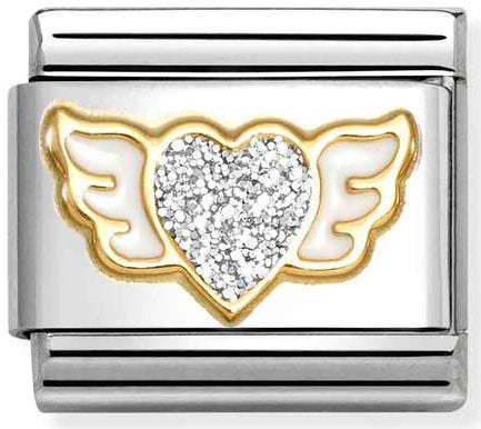 Nomination, Composable Classic GLITTER SYMBOLS in steel, enamel and 18k gold (23_SILVER winged heart)