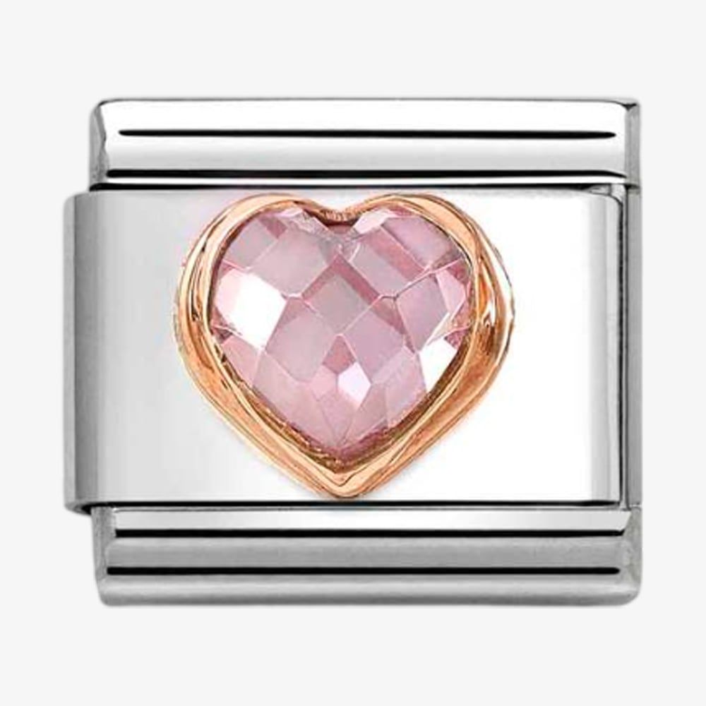 Nomination, composable 9k pembe altın çerçeveli açık pembe kubik zirkon taşlı kalp sembol