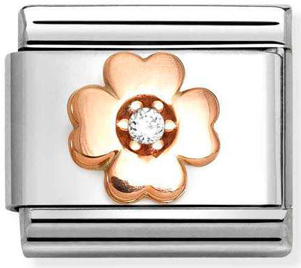 Nomination, Composable Classic Symbols in stainless steel with 9k rose gold and CZ (43_WHITE four-leaf clover)