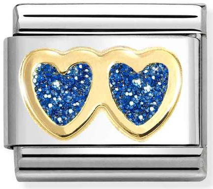 Nomination, Composable Classic GLITTER SYMBOLS in steel, enamel and 18k gold (11_Double BLUE Heart)