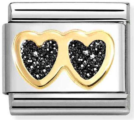Nomination, Composable Classic GLITTER SYMBOLS in steel, enamel and 18k gold (14_Double Heart BLACK)
