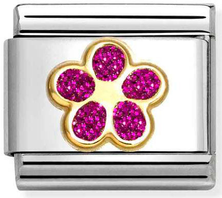Nomination, Composable Classic GLITTER SYMBOLS in steel, enamel and 18k gold (17_FUCHSIA flower)