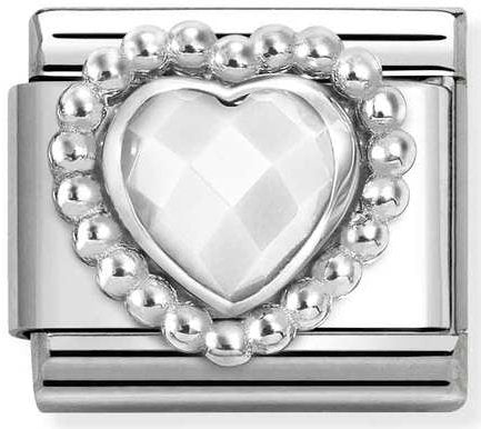 Nomination, Composable FACETED STONES, steel with 925 sterling silver HEART with DOTS RICH SETTING (016_WHITE OPAL)