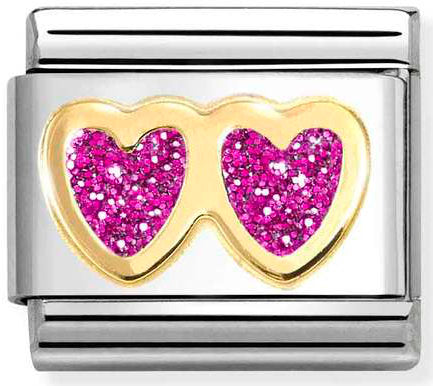 Nomination, Composable Classic GLITTER SYMBOLS in steel, enamel and 18k gold (13_FUCHSIA Double Heart)