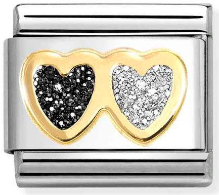 Nomination, Composable Classic GLITTER SYMBOLS in steel, enamel and 18k gold (15_Double Heart BLACK and SILVER)