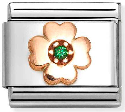 Nomination, Composable Classic Symbols in stainless steel with 9k rose gold and CZ (44_GREEN four-leaf clover)