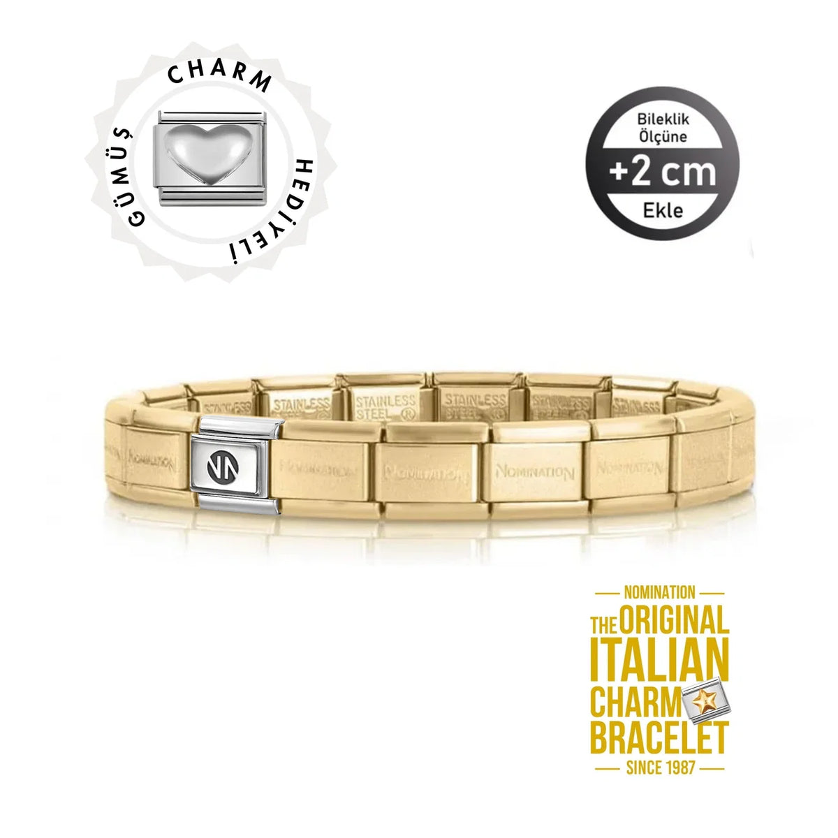 Nomination Italy 925 Ayar Gümüş Dolgu Kalp Linkli, Orjinal İtalyan Çelik Sarı Gold Bileklik