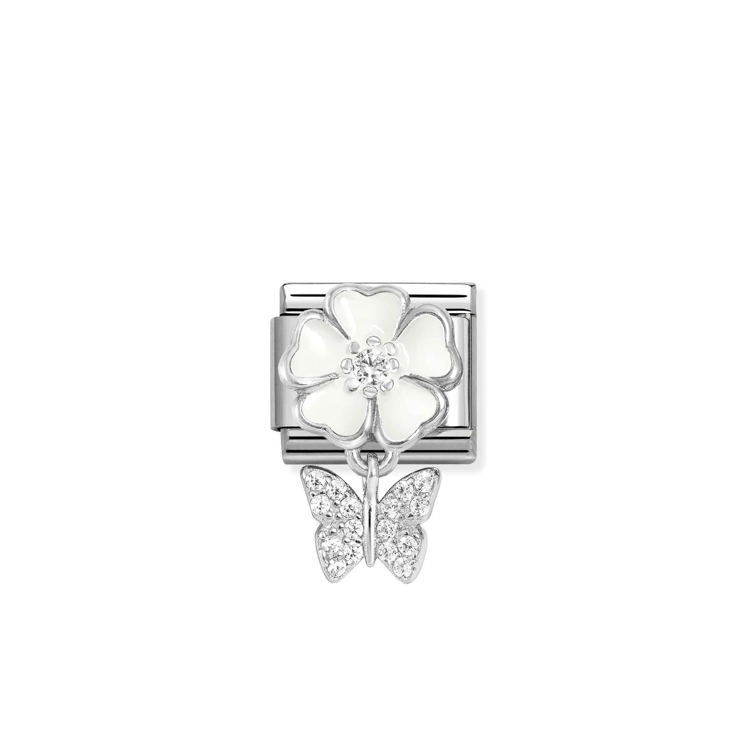 Nomination, Composable Classic CHARMS steel, 925 sterling silver, enamel and cz (05_White flower with butterfly)